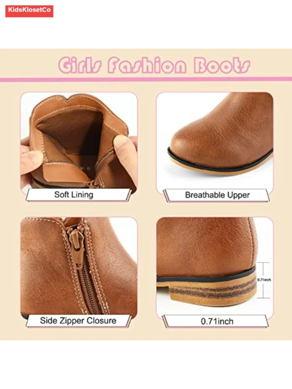 Girls Ankle Boots with Zipper Low Heel Booties Faux Leather Toddler Little Kid